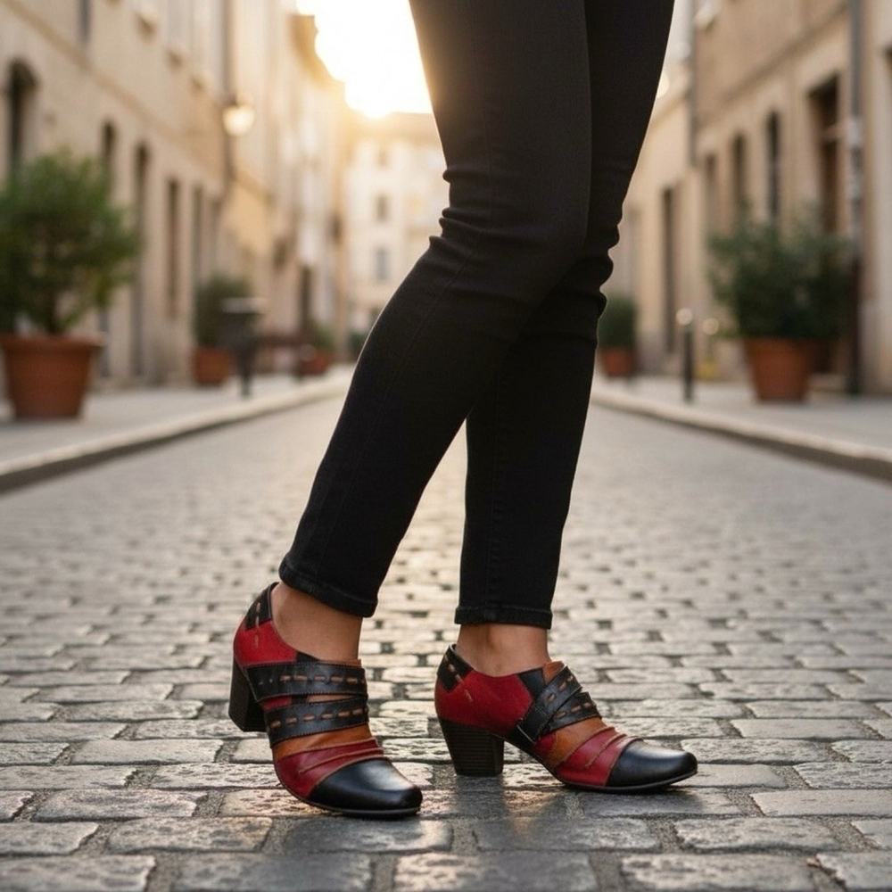 Women's Red and Black Leather Strappy Ankle Booties